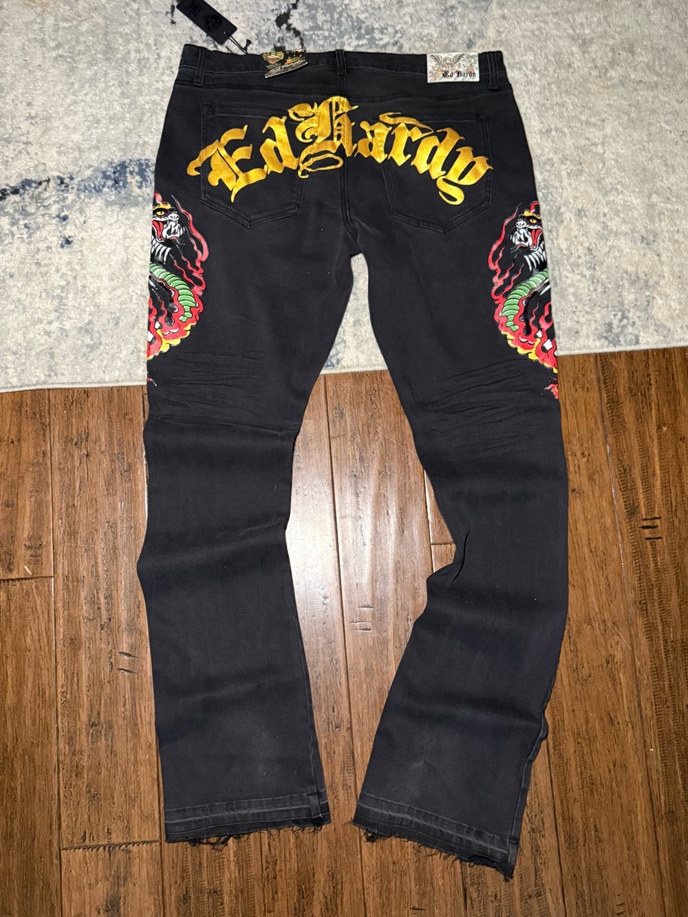 BRAND NEW Ed Hardy Black Bootcut Jeans with Gold Logo - Size 36
